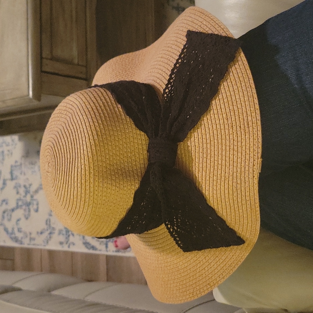 Black Lace Ribbon Straw Floppy Hat